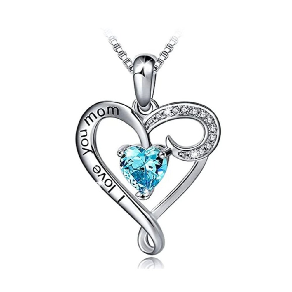 Crystal Heart Pendant 18” I Love You Mom White Gold Plated Silver Necklace